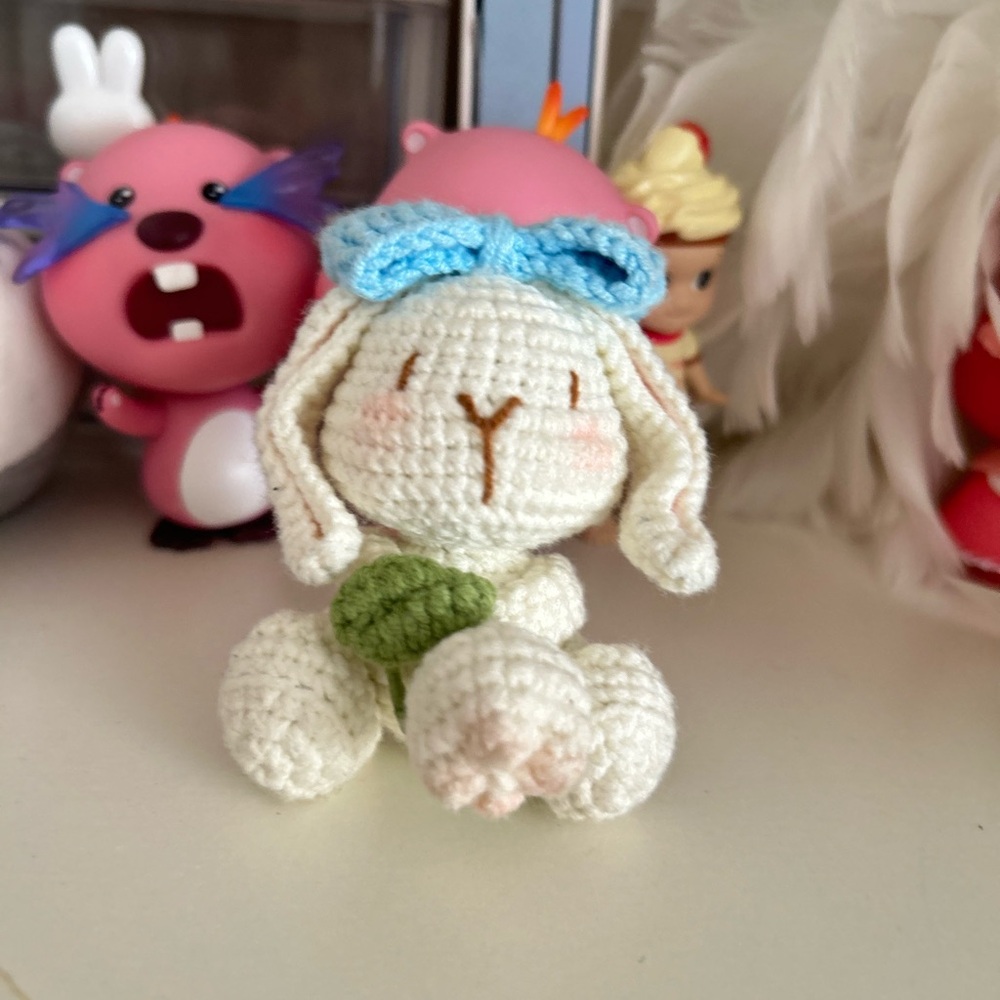Handcrafted Cream Bunny Toy with Blue Bow
